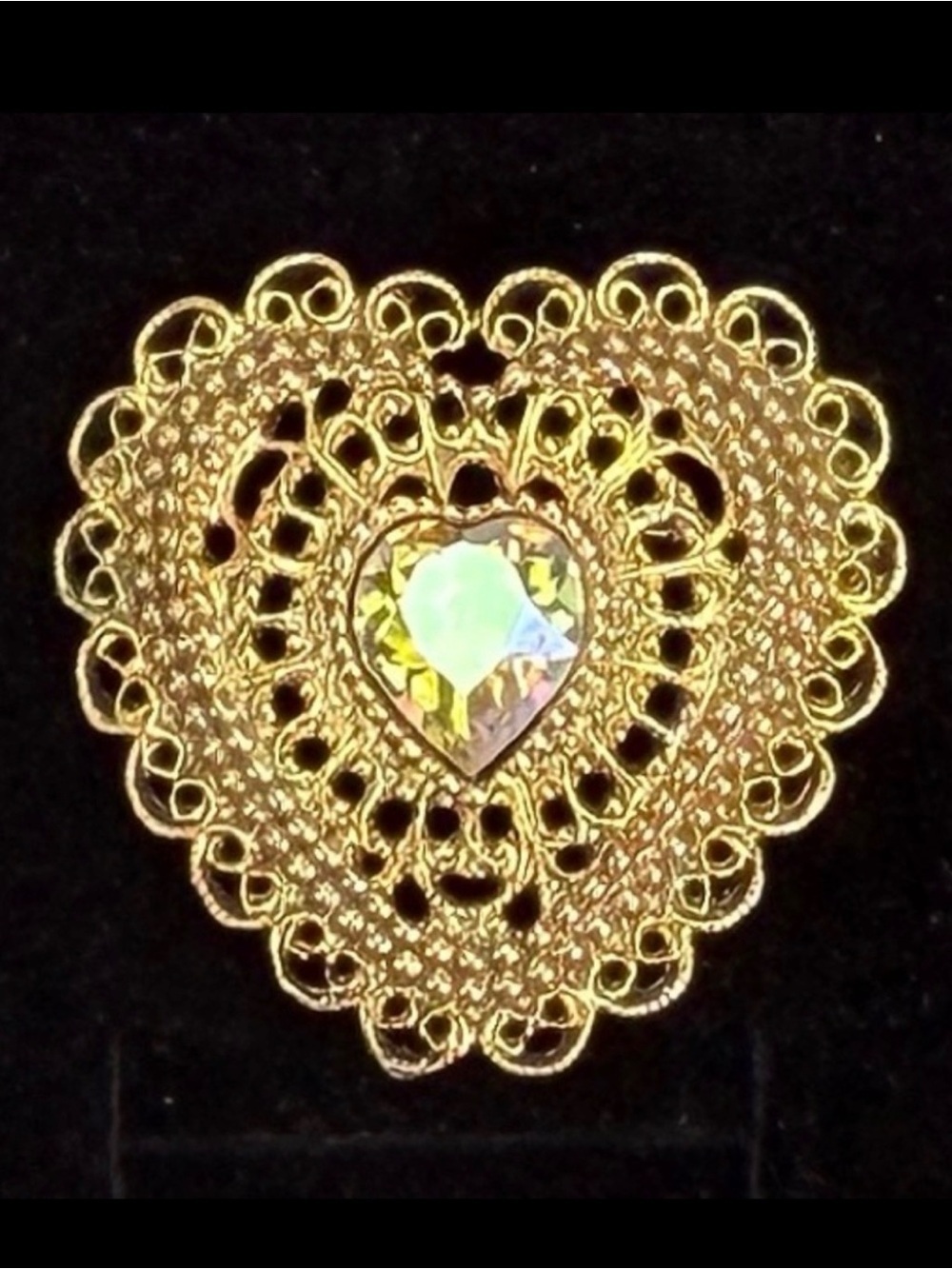 Vintage aged, goldtone, filigree, iridescent accent heart pendant